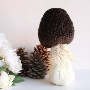 Knit Sweater Toadstool with Vintage Lace, Upcycled Brown Chenille, Cottage Farm